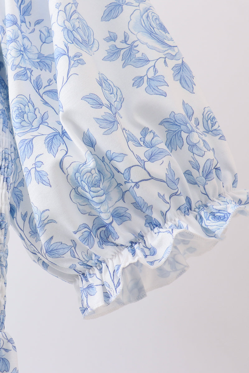 Blue rose smocked ruffle dress