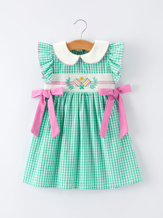 Gingham Bow Ruffle Smocked Pickle Ball Girl Dress