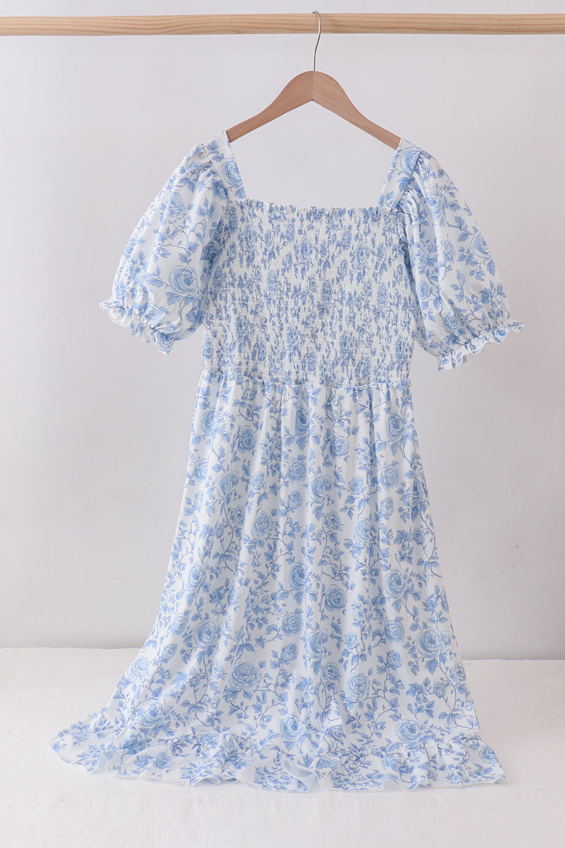 Blue rose smocked ruffle dress