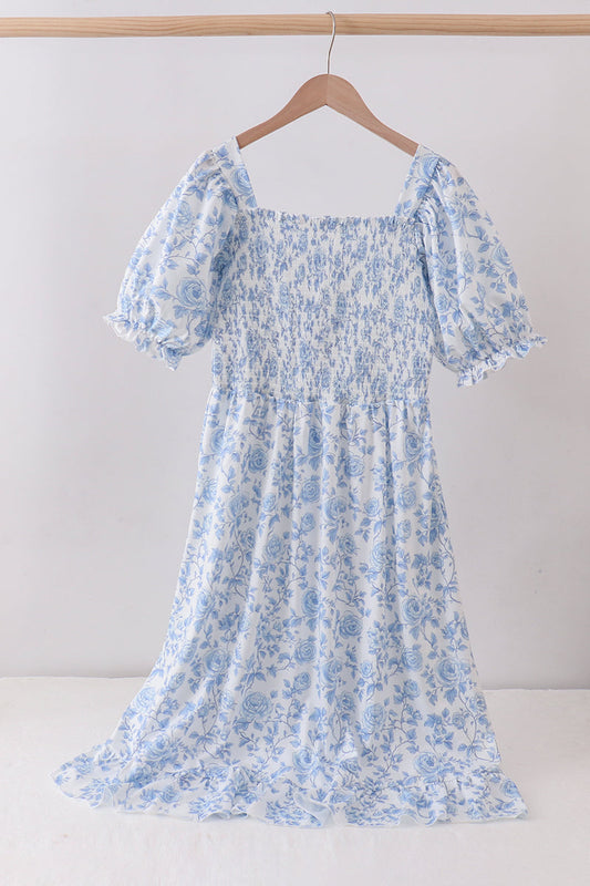 Blue rose smocked ruffle dress