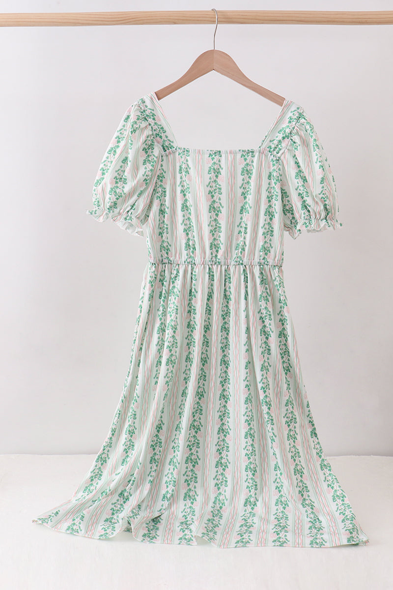 Green floral stripe dress
